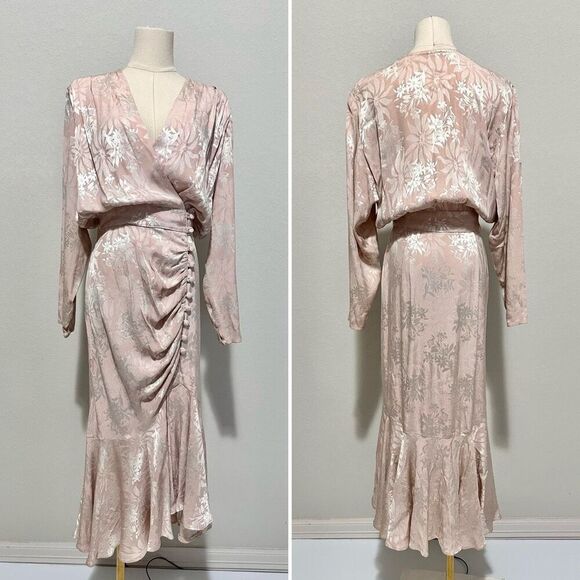 Vintage 80s Blouson Jacquard Drape Midi Dress Sz S Powder Pink Elegant Ladylike - Picture 3 of 9